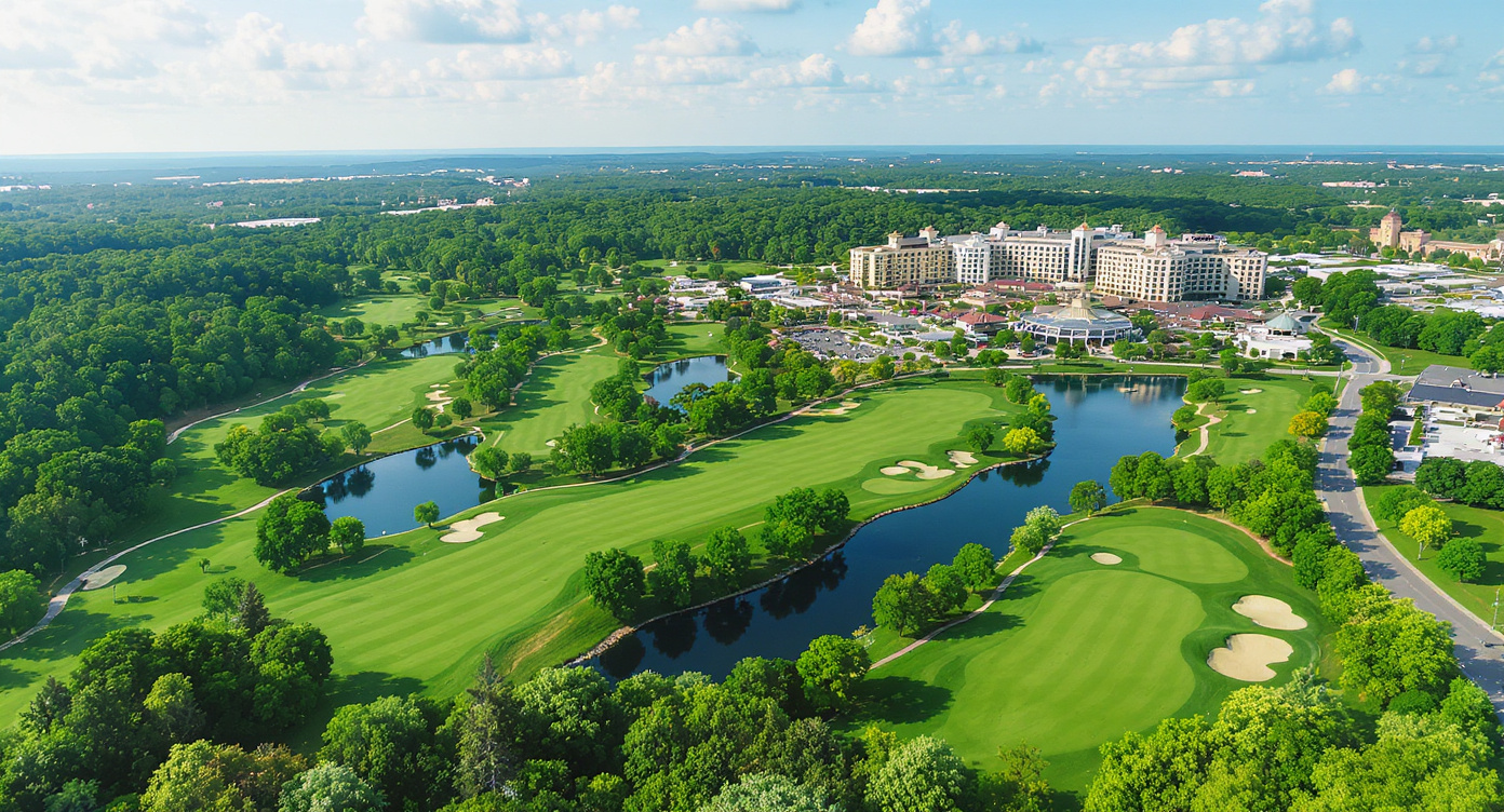 Belterra Casino Resort Golf Course 항공 뷰 오하이오강 인디애나 Tom Fazio 설계 리조트 코스 Belterra Casino Resort Golf Course aerial view Ohio River Indiana