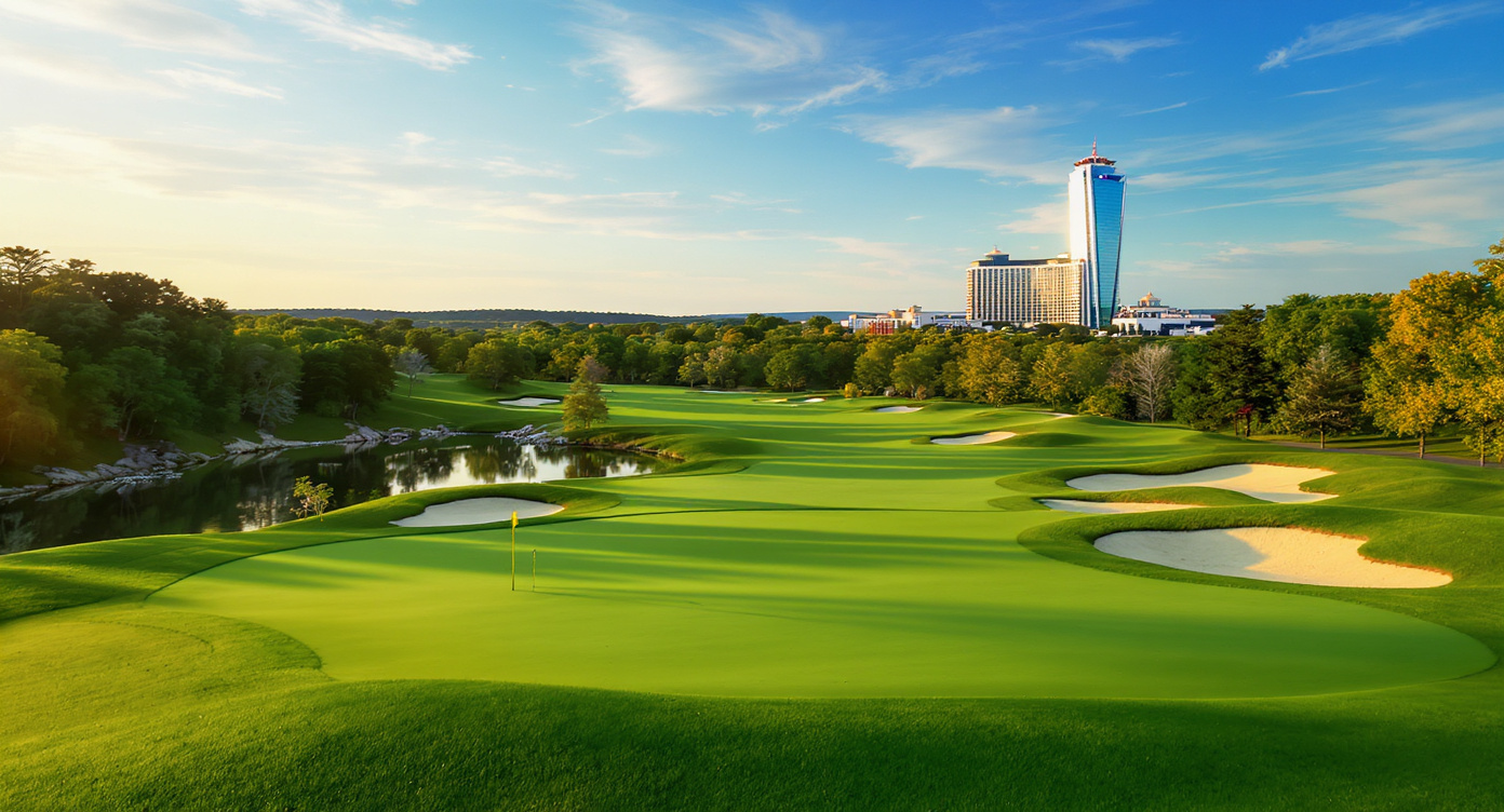 Belterra Casino Resort Golf Course 클로징 홀 Tom Fazio 설계 호수 벙커 인디애나 Belterra Casino Resort Golf Course Florence Indiana Tom Fazio
