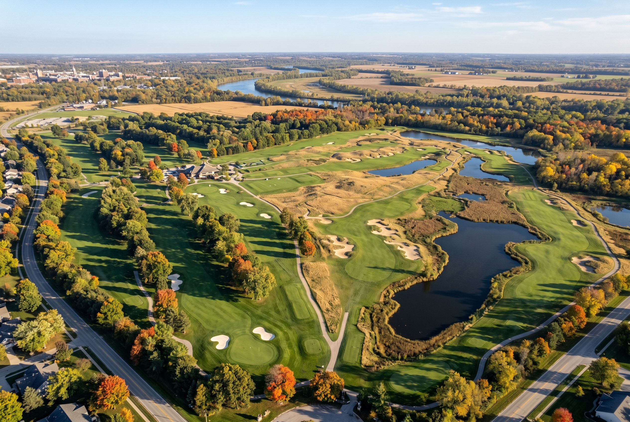 Birck Boilermaker Kampen-Cosler 항공 뷰 36홀 native grassland celery bog 가을 페어웨이 Purdue West Lafayette aerial Indiana