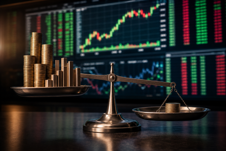 주식 시장 데이터 화면 앞에 한쪽으로 기운 동전 저울 (버핏 지수 고평가 이미지) / coins on a tilted balance scale before a stock market board