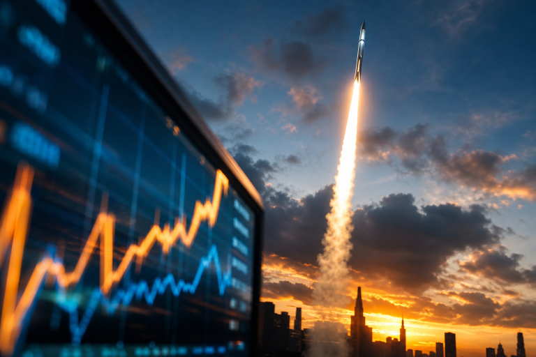 황혼 하늘로 솟구치는 로켓과 주식 거래소 차트 화면 (SpaceX 나스닥 데뷔 이미지)