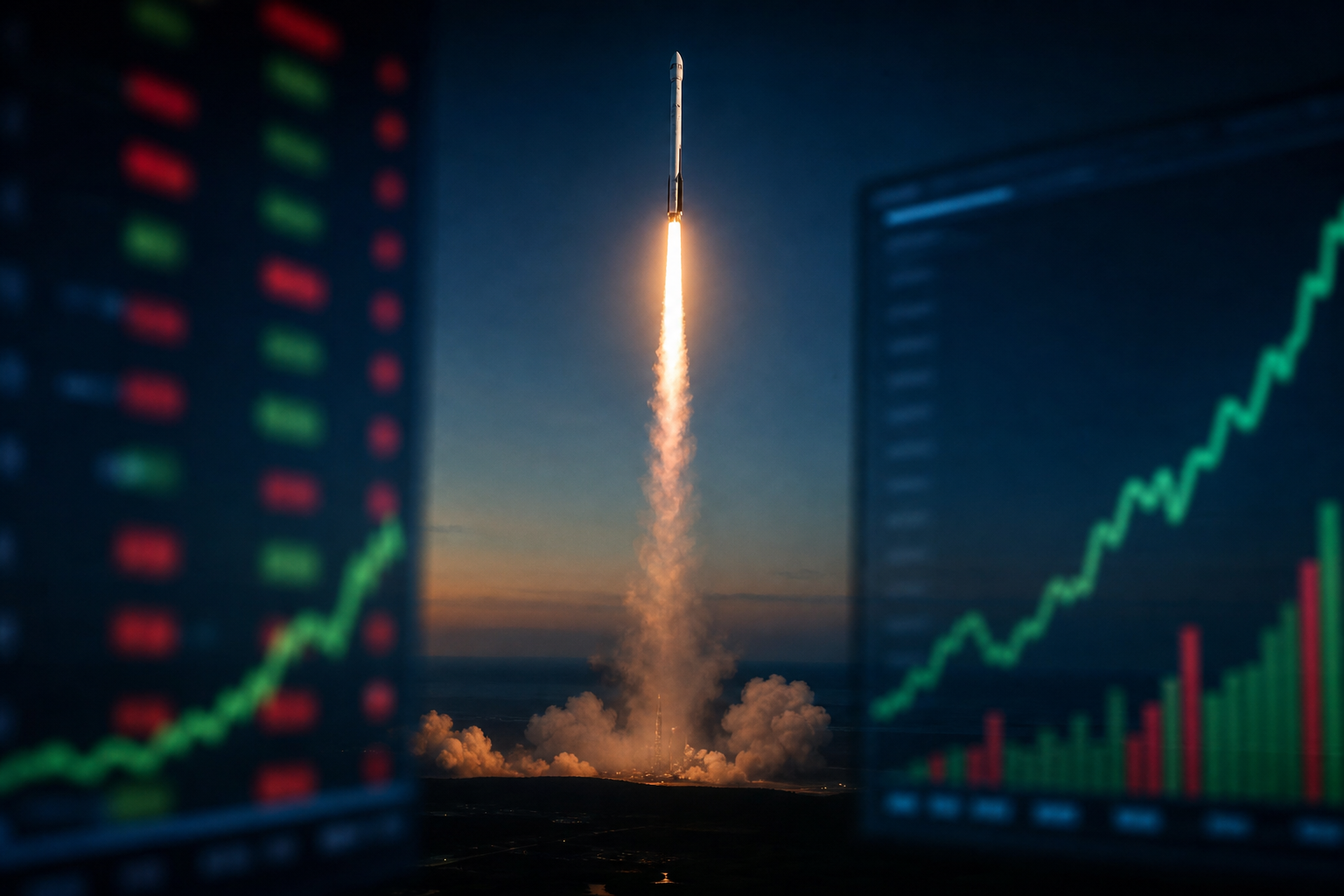 황혼녘 하늘로 솟구치는 로켓과 주식 시장 데이터 화면 (SpaceX IPO 이미지)
