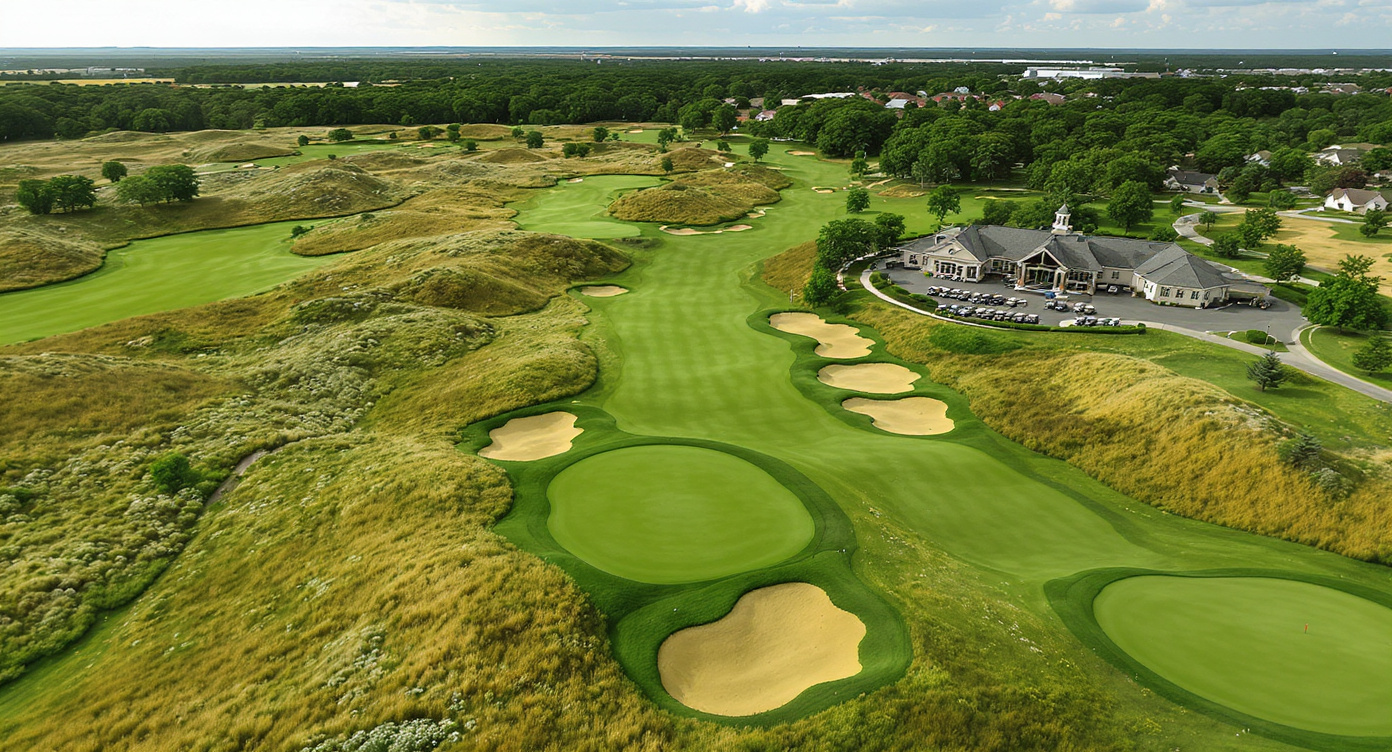 Hickory Stick Golf Club 항공 뷰 아이리시 링크스 스타일 그린우드 인디애나 Hickory Stick Golf Club aerial view Irish links Greenwood Indiana