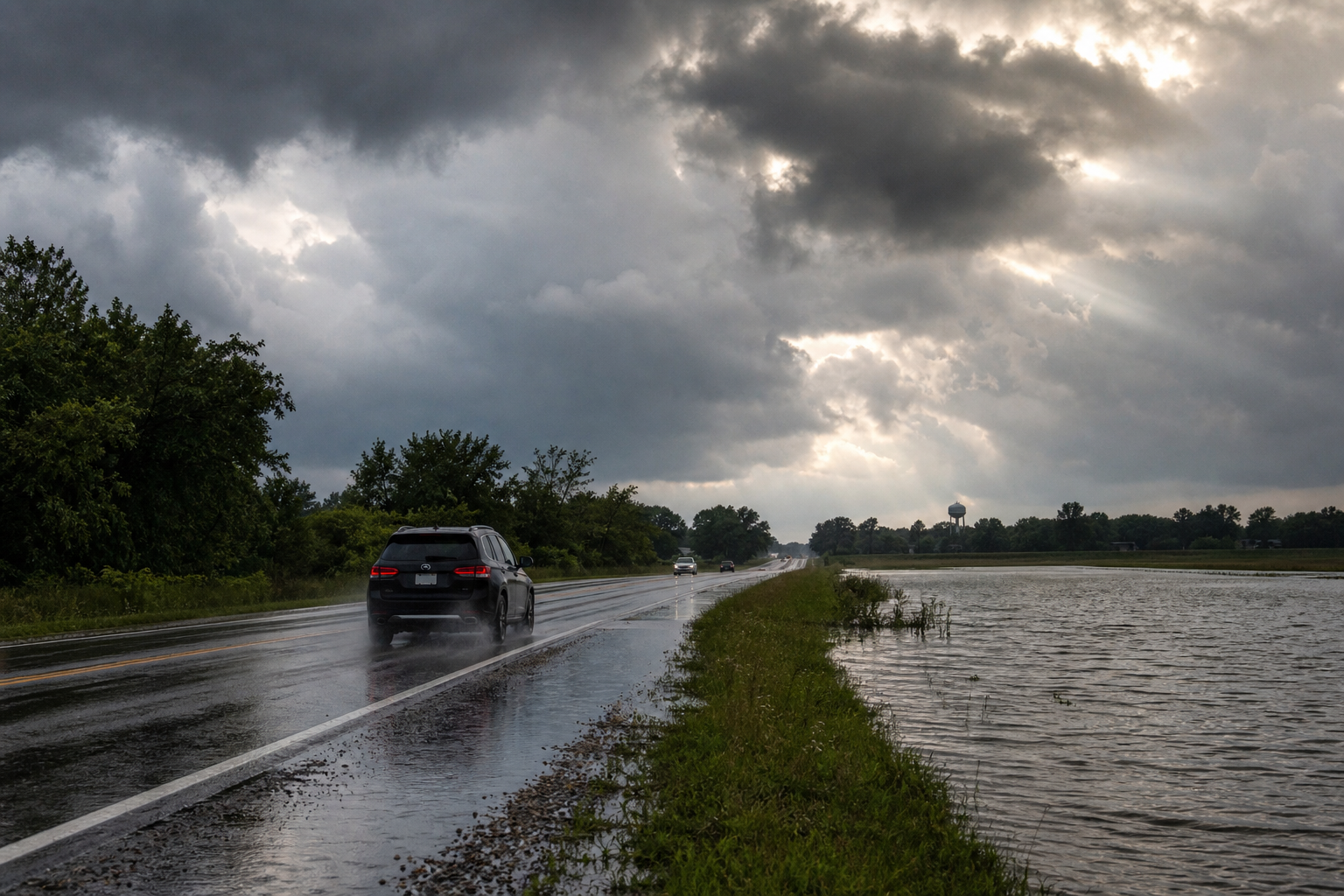 인디애나 중남부에 내린 폭우로 도로 옆 들판이 침수된 모습 (Indiana flood watch severe storms)
