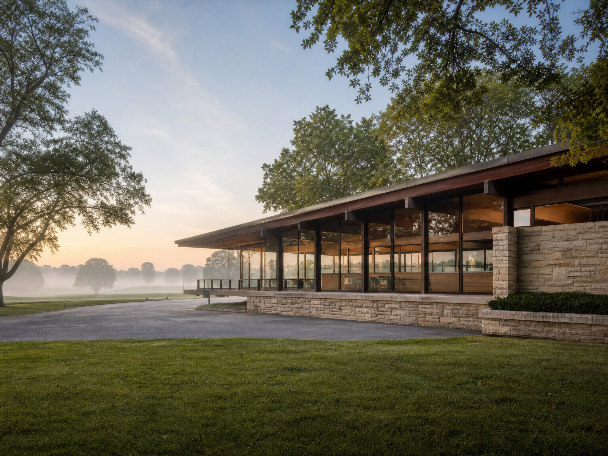 Otter Creek Golf Club Harry Weese 1964 모더니스트 클럽하우스 콜럼버스 인디애나 아침 mist Otter Creek clubhouse Harry Weese Columbus Indiana