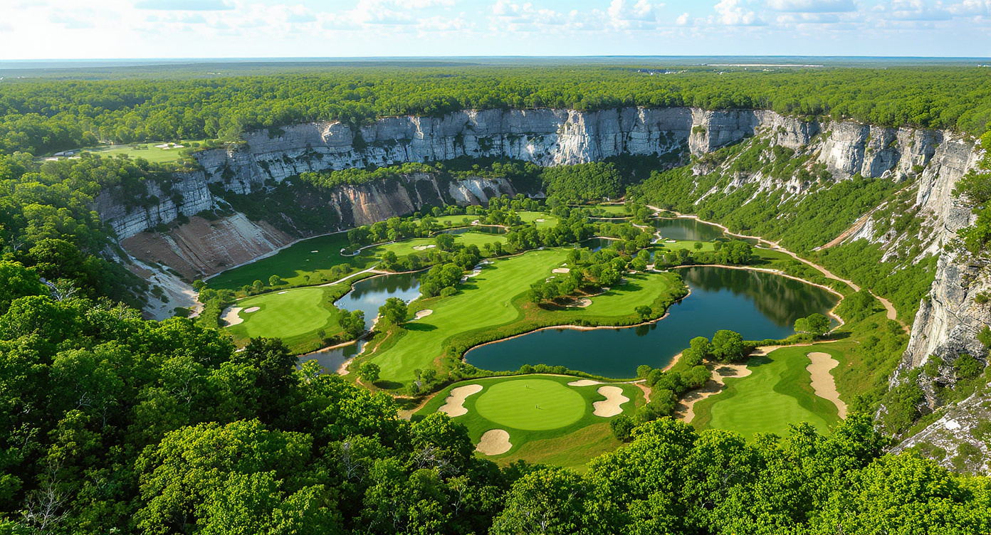 Rock Hollow Golf Club 채석장 항공 뷰 석회암 암반 활엽수림 페루 인디애나 Rock Hollow Golf Club quarry aerial view Peru Indiana