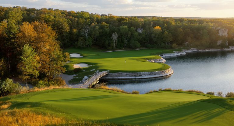 Rock Hollow Golf Club 18번 홀 케이프 홀 호수 강제 캐리 페루 인디애나 Rock Hollow Golf Club 18th hole cape hole Peru Indiana