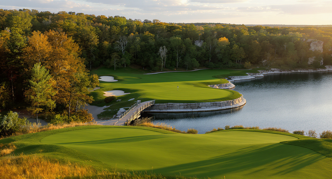 Rock Hollow Golf Club 18번 홀 케이프 홀 호수 강제 캐리 페루 인디애나 Rock Hollow Golf Club 18th hole cape hole Peru Indiana