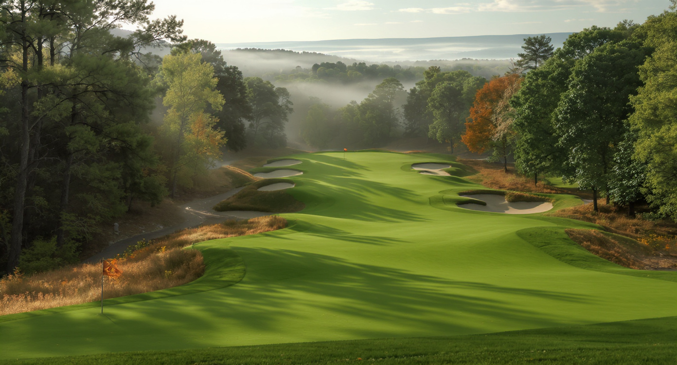 Sultan's Run Golf Club 페어웨이에서 elevated 그린을 바라보는 한국 골퍼 시점 남부 인디애나 Sultan's Run fairway view toward green Jasper Indiana
