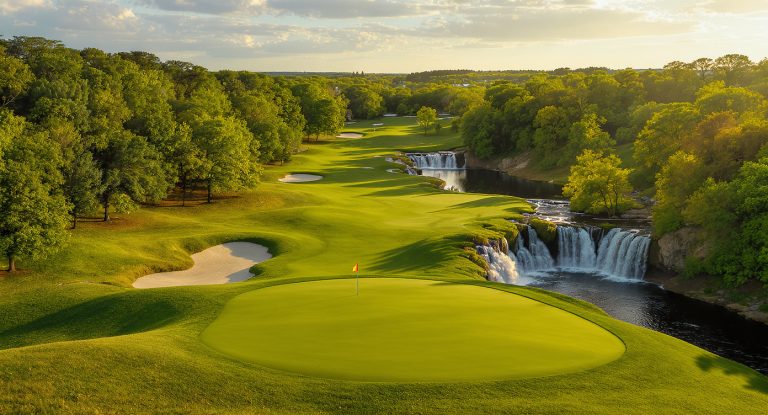 Sultan's Run Golf Club 18번 홀 Supreme Sultan 시그니처 폭포 그린 재스퍼 인디애나 Sultan's Run Golf Club Jasper Indiana signature hole waterfall