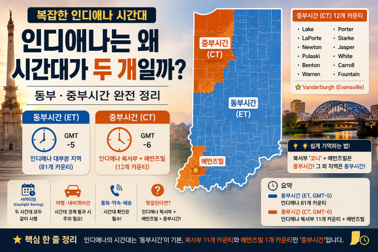 인디애나는 왜 시간대가 두 개일까 — 동부·중부시간이 다 있는 곳