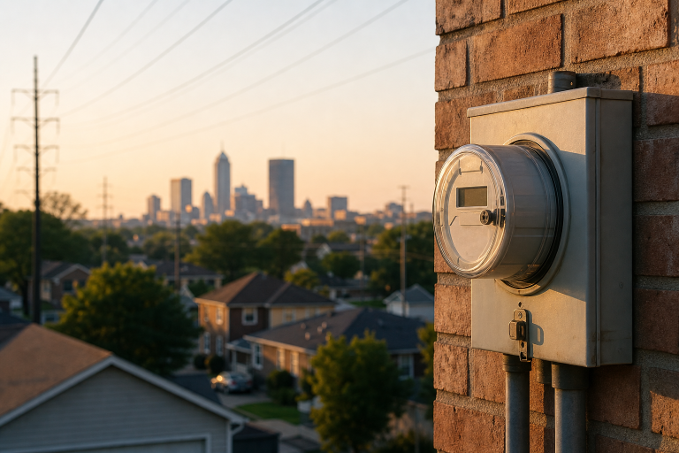 인디애나폴리스 근교 주택 외벽의 전기 계량기와 배경의 인디애나폴리스 스카이라인 (AES Indiana electric meter)