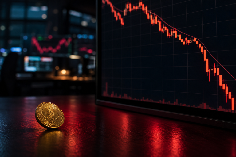 붉은 하락 그래프가 표시된 어두운 트레이딩룸 화면과 금색 코인 bitcoin price drop red chart trading room