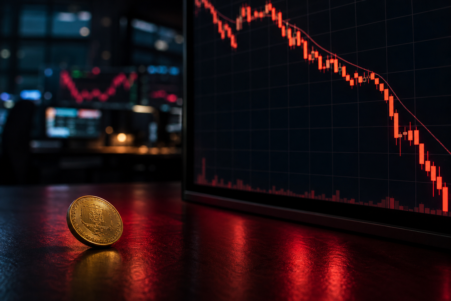 붉은 하락 그래프가 표시된 어두운 트레이딩룸 화면과 금색 코인 bitcoin price drop red chart trading room