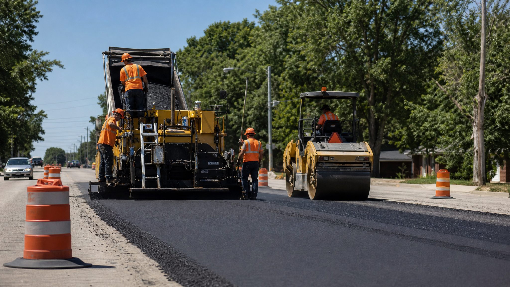 인디애나 지방 도로 재포장 공사 현장, 아스팔트 포장기와 롤러 (Indiana Community Crossings local road resurfacing)