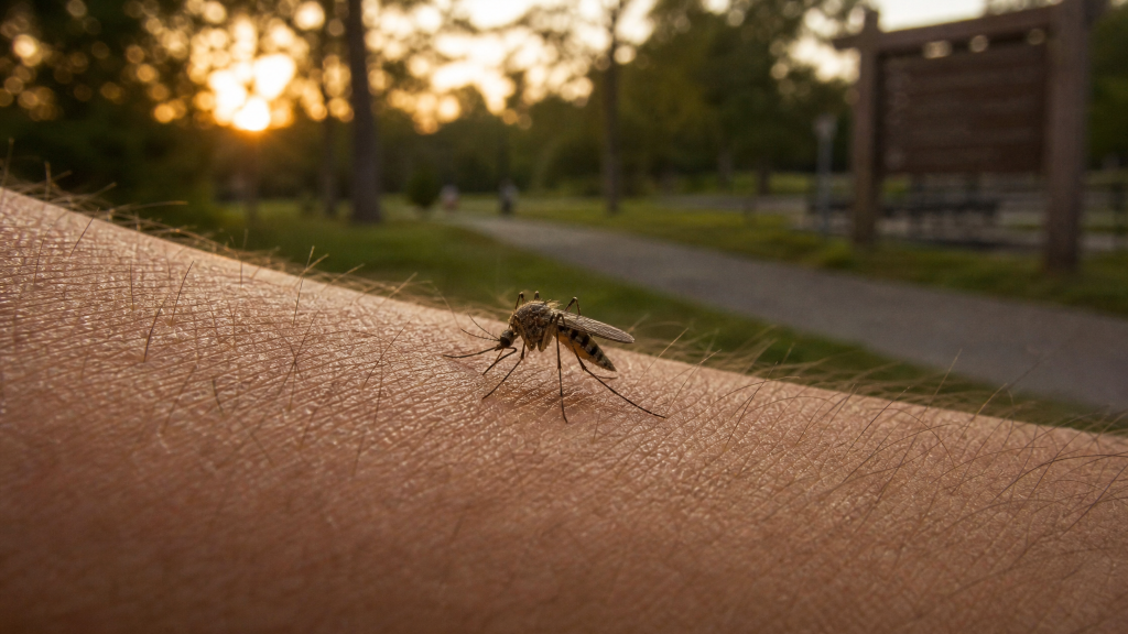 카멜 파운더스 파크 인근에서 팔에 앉은 모기 — 웨스트나일 바이러스 예방 (mosquito West Nile Carmel Indiana)