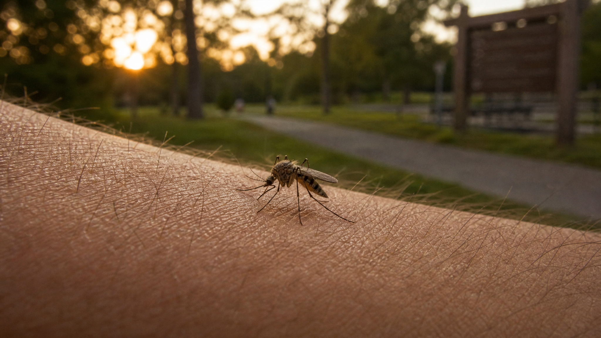 카멜 파운더스 파크 인근에서 팔에 앉은 모기 — 웨스트나일 바이러스 예방 (mosquito West Nile Carmel Indiana)