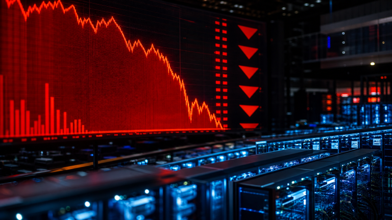 IBM 주가 25% 폭락, 붉게 급락하는 주식 시황판과 AI 데이터센터 서버 (IBM stock crash and AI data center servers)