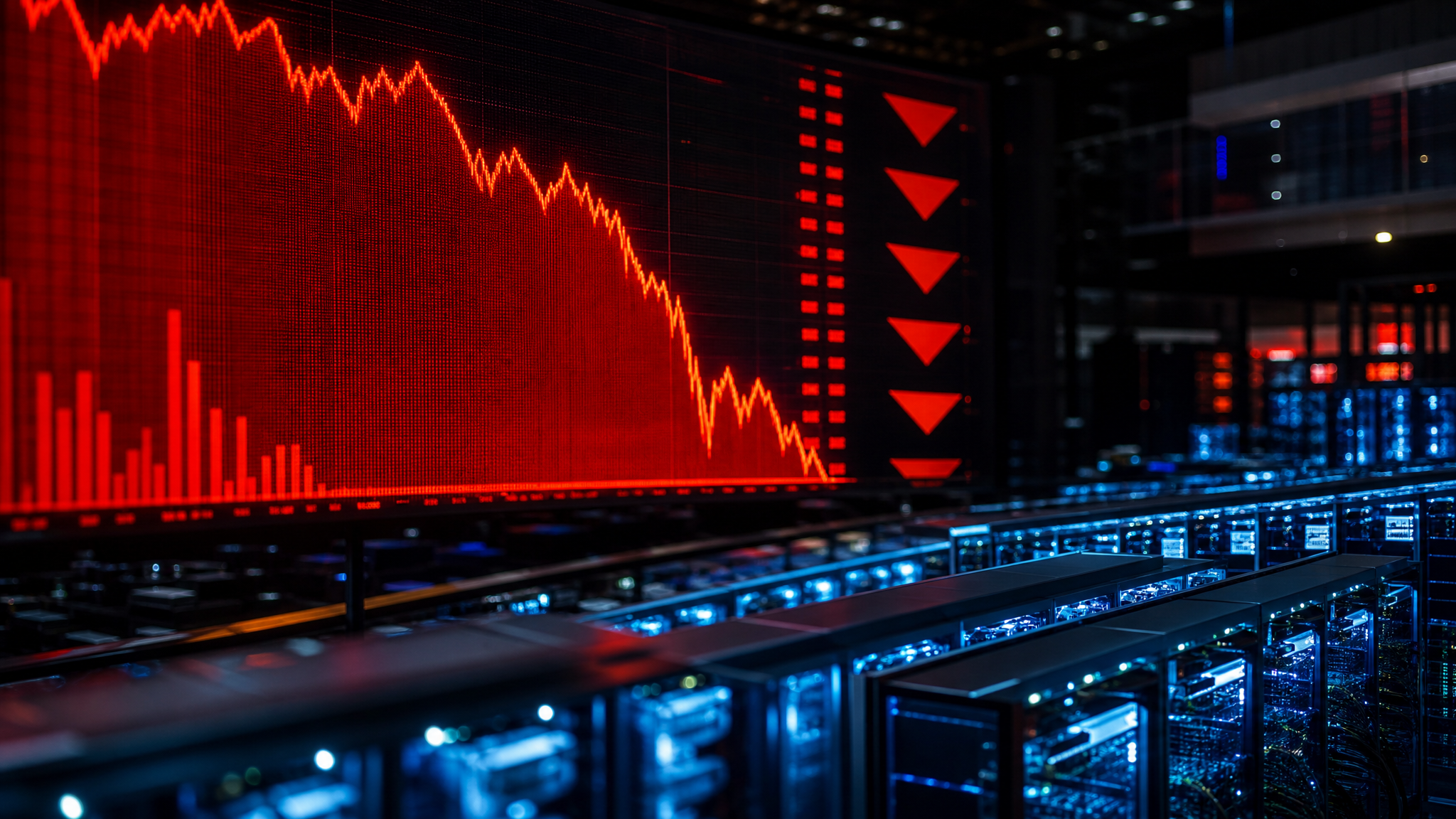 IBM 주가 25% 폭락, 붉게 급락하는 주식 시황판과 AI 데이터센터 서버 (IBM stock crash and AI data center servers)