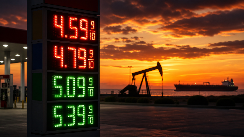 미국 주유소 휘발유 가격 전광판과 원유 시추기 gas station price sign oil pump