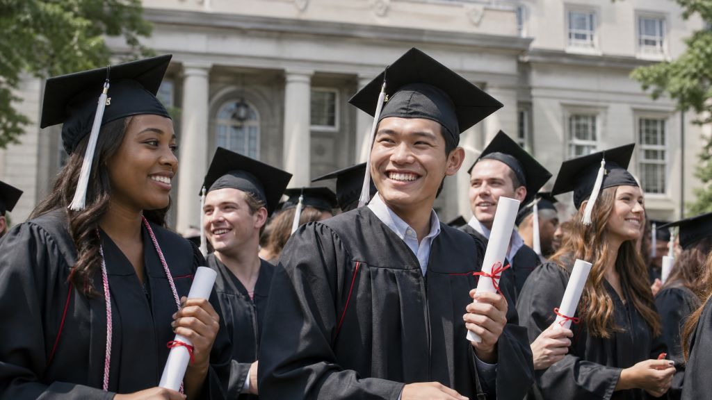 인디애나 공립대 졸업식에서 학위증을 든 졸업생들 (Indiana public university graduates holding diplomas)