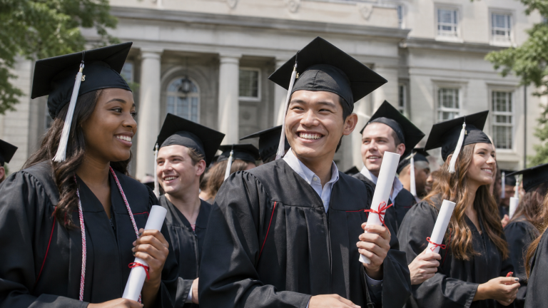 인디애나 공립대 졸업식에서 학위증을 든 졸업생들 (Indiana public university graduates holding diplomas)