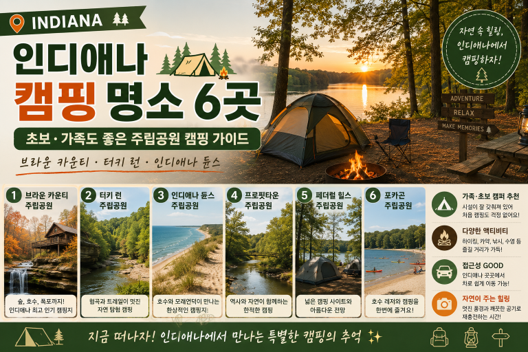 인디애나 캠핑 명소 6곳 — 초보·가족도 좋은 주립공원 캠핑 가이드 (브라운 카운티·터키런·인디애나 듄스)