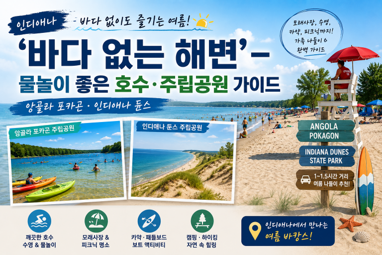 인디애나 ‘바다 없는 해변’ — 물놀이 좋은 호수·주립공원 가이드 (앙골라 포카곤·인디애나 듄스)