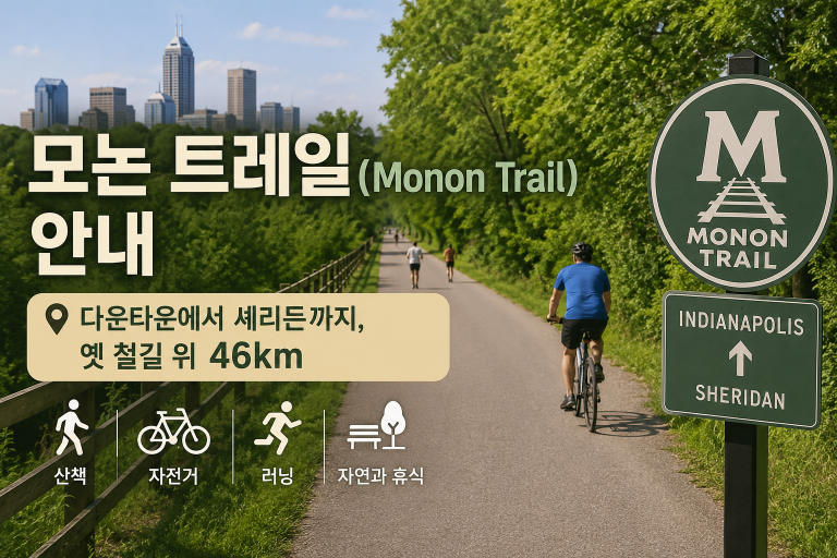 모논 트레일(Monon Trail) 안내 — 다운타운에서 셰리든까지, 옛 철길 위 46km