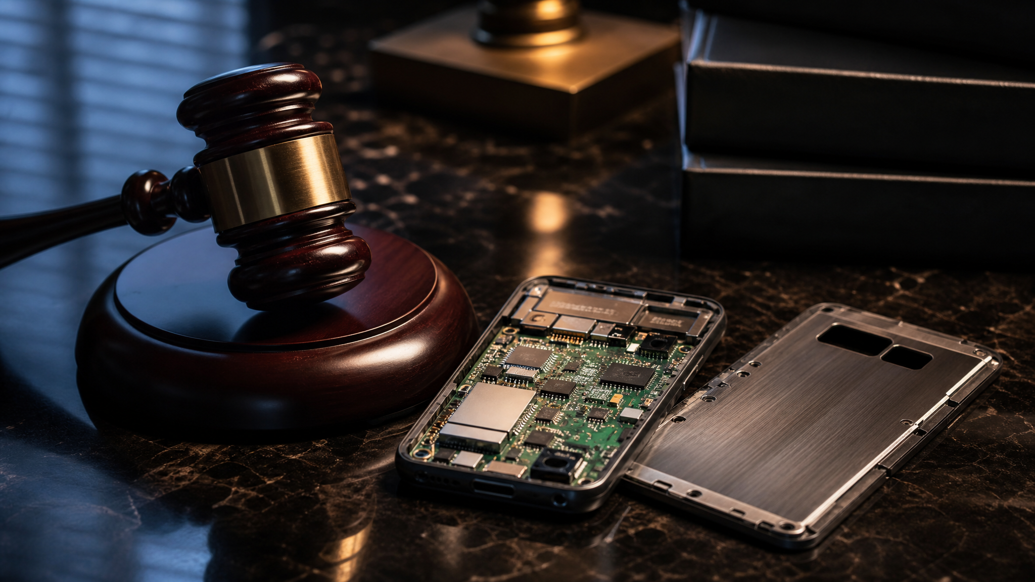 애플 오픈AI 영업비밀 소송 Apple OpenAI trade secret lawsuit 판사봉과 분해된 스마트폰 회로기판