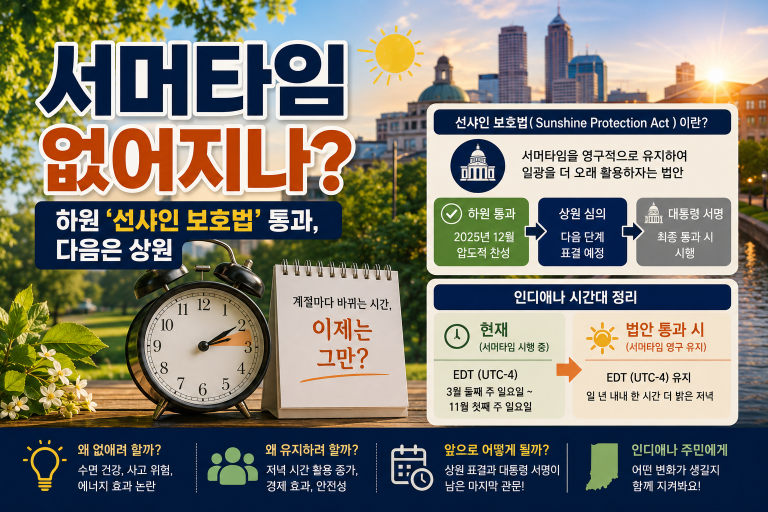 서머타임 없어지나 — 하원 ‘선샤인 보호법’ 통과, 다음은 상원 (인디애나 시간대 정리)