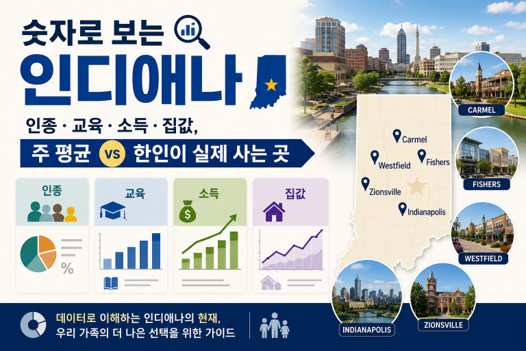 숫자로 보는 인디애나 — 인종·교육·소득·집값, 주 평균 vs 한인이 실제 사는 곳