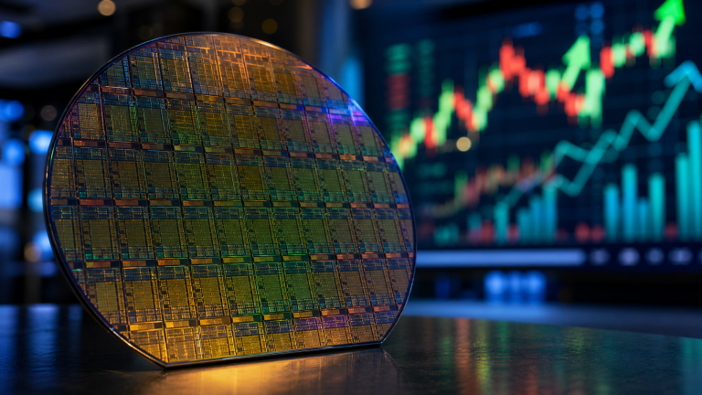 CXMT 상장 D램 웨이퍼와 증시 전광판 (DRAM wafer and stock exchange board)