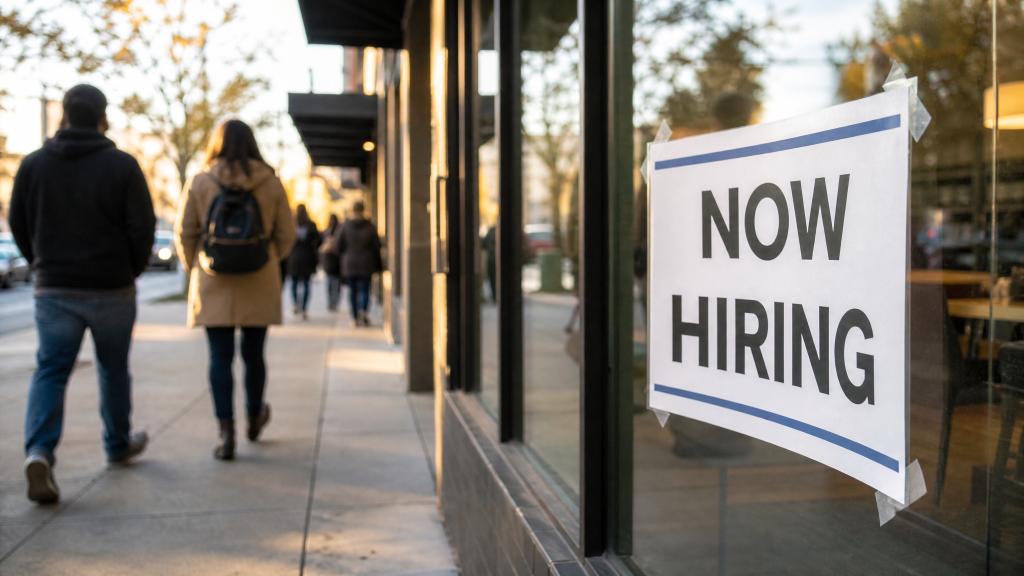 미국 상점 유리창에 붙은 NOW HIRING(직원 구함) 안내문, 6월 고용보고서 US jobs report