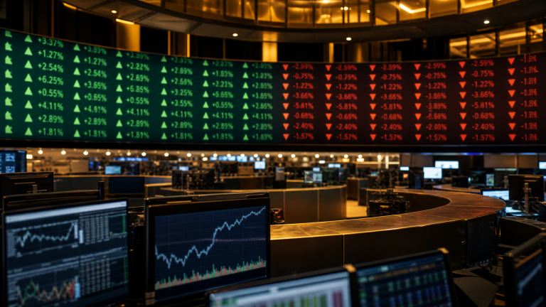 뉴욕증시 전광판에 상승 종목과 하락 종목이 갈려 표시된 모습, US stock market rotation