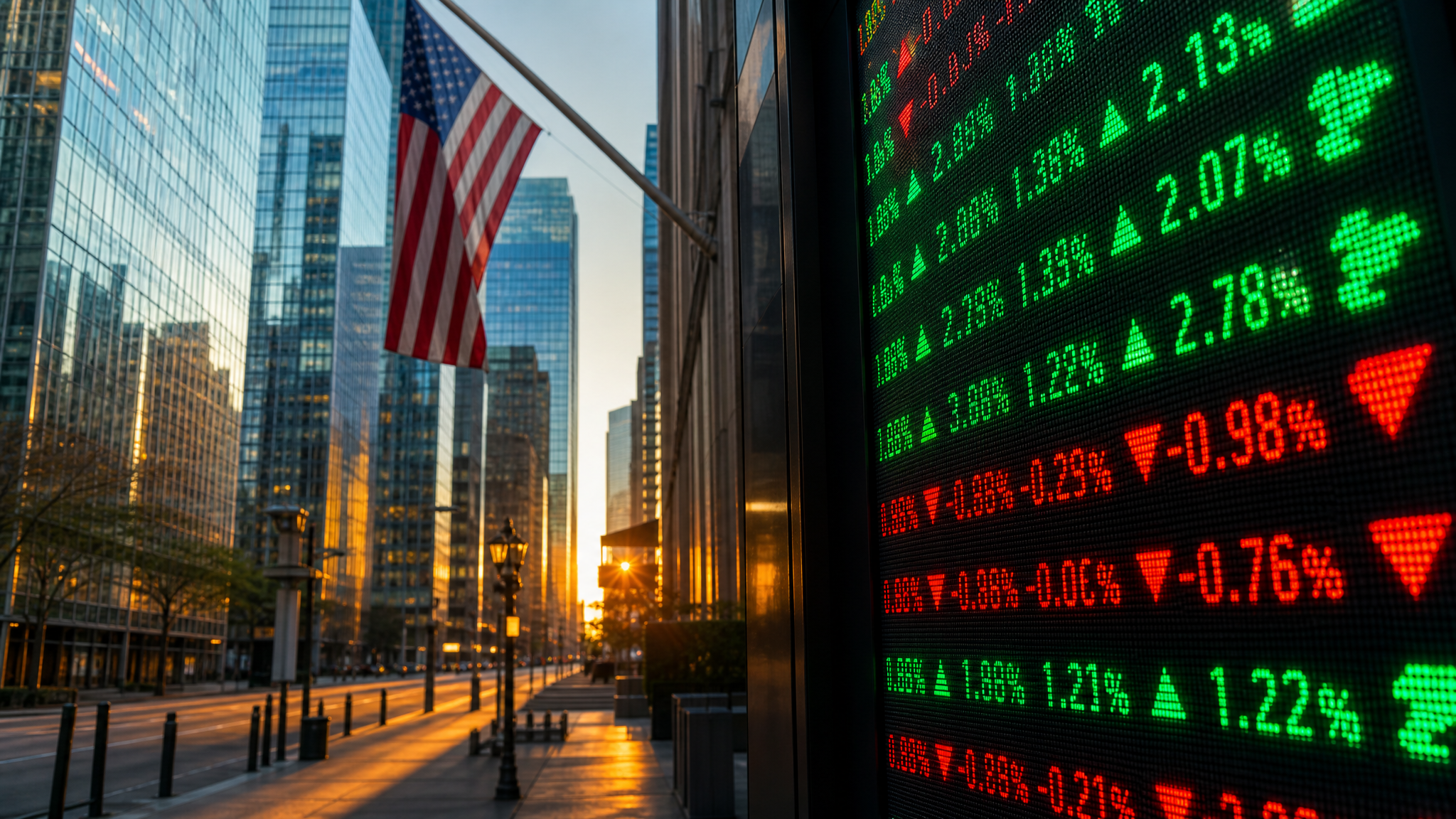 Wall Street financial district ticker board at dawn 미국 대형은행 2분기 실적 발표