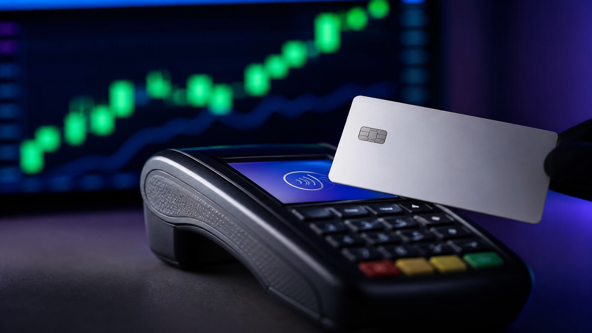 비접촉 결제 단말기와 카드, 뒤로 상승 차트가 보이는 이미지 (PayPal Stripe takeover)