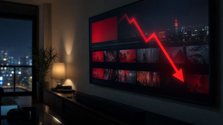 넷플릭스 주가 급락 이미지, 어두운 거실 TV 화면에 붉은 하락 그래프 (Netflix stock plunge)