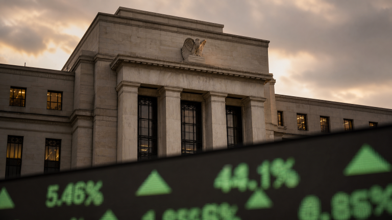 연방준비제도 건물과 금리 전광판, FOMC 금리 결정 (Fed rate decision July 2026)