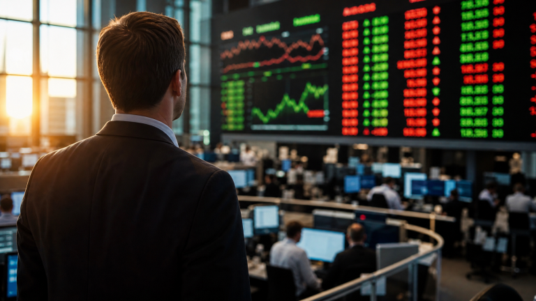 미국 뉴욕증시 트레이딩 플로어 전광판 상승 하락 혼조 stock market outlook