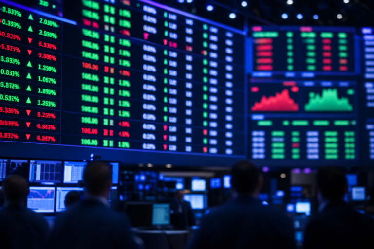 빅테크 실적 슈퍼위크, 거래소 전광판 앞 트레이더들 (Big Tech earnings week trading floor)