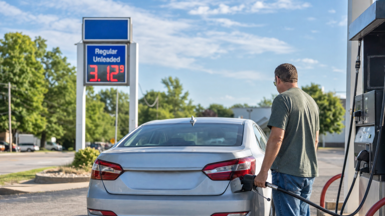 인디애나 주유소에서 급유하는 운전자, 레귤러 휘발유 갤런당 3.12달러 (Indiana gas station gas tax holiday)