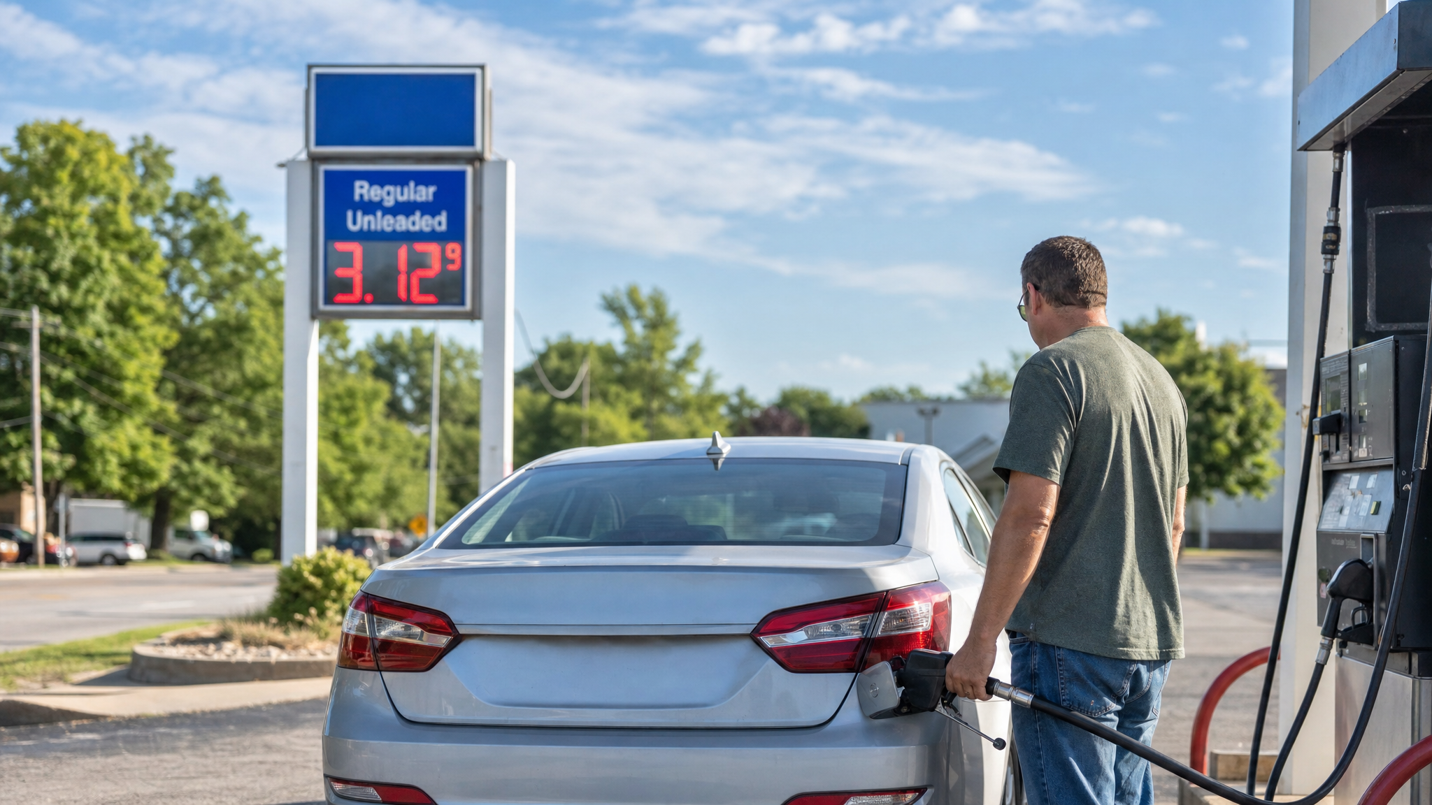 인디애나 주유소에서 급유하는 운전자, 레귤러 휘발유 갤런당 3.12달러 (Indiana gas station gas tax holiday)
