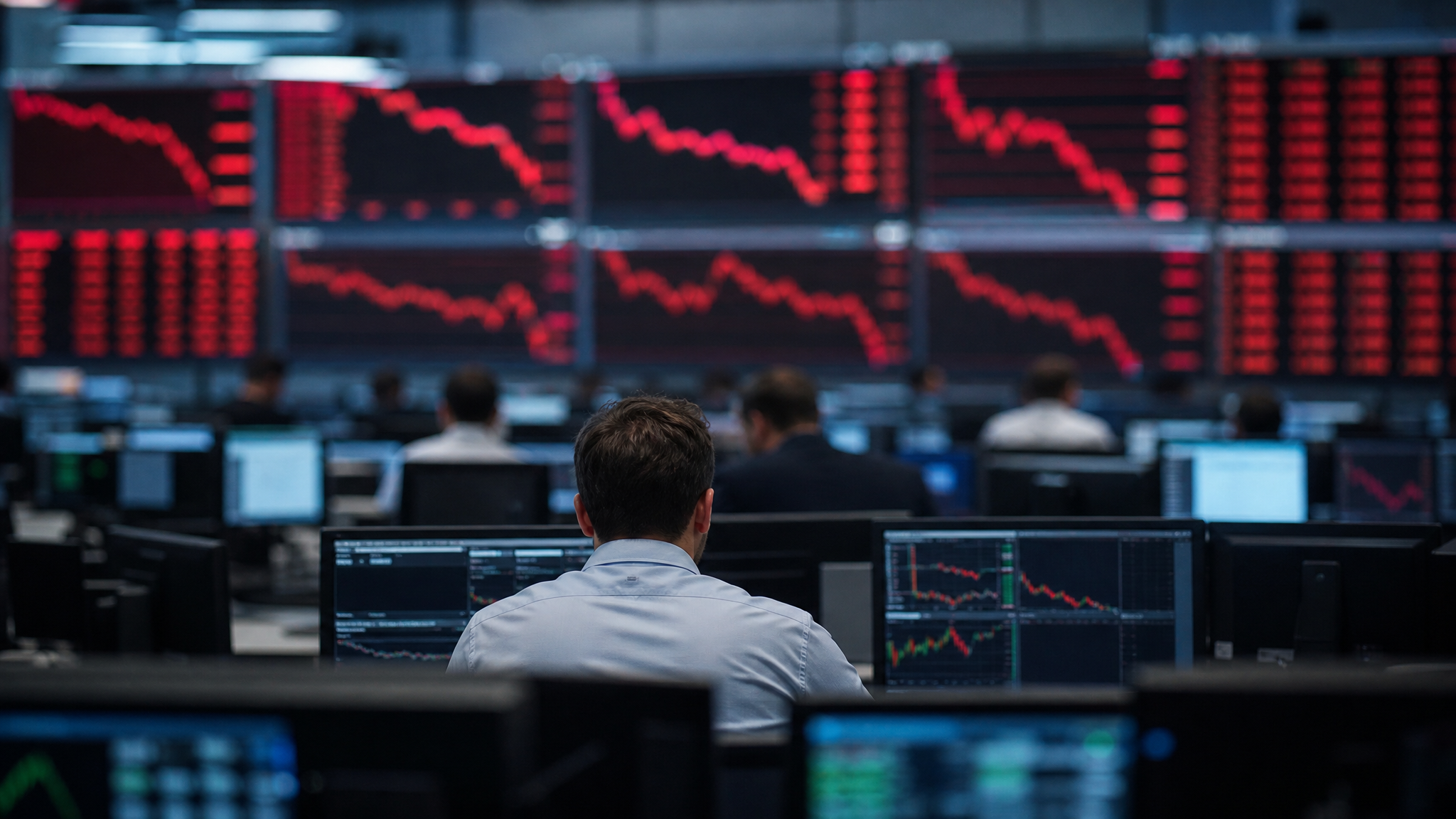 코스피 폭락 AI chip selloff 딜링룸 전광판 하락 차트