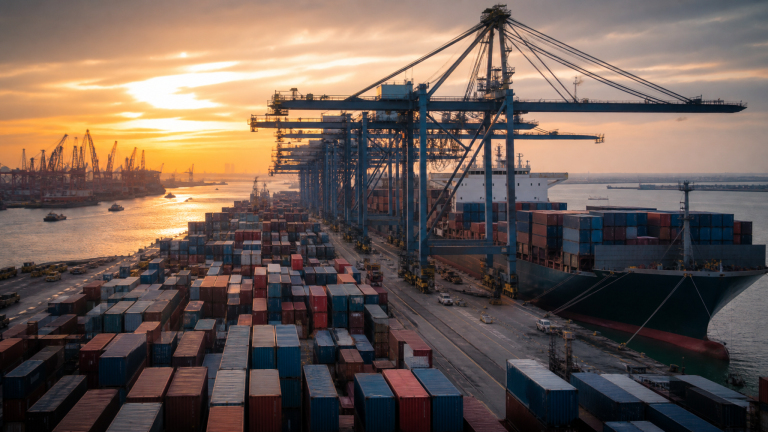 US container shipping port at dusk, 미국 강제노동 관세 발효