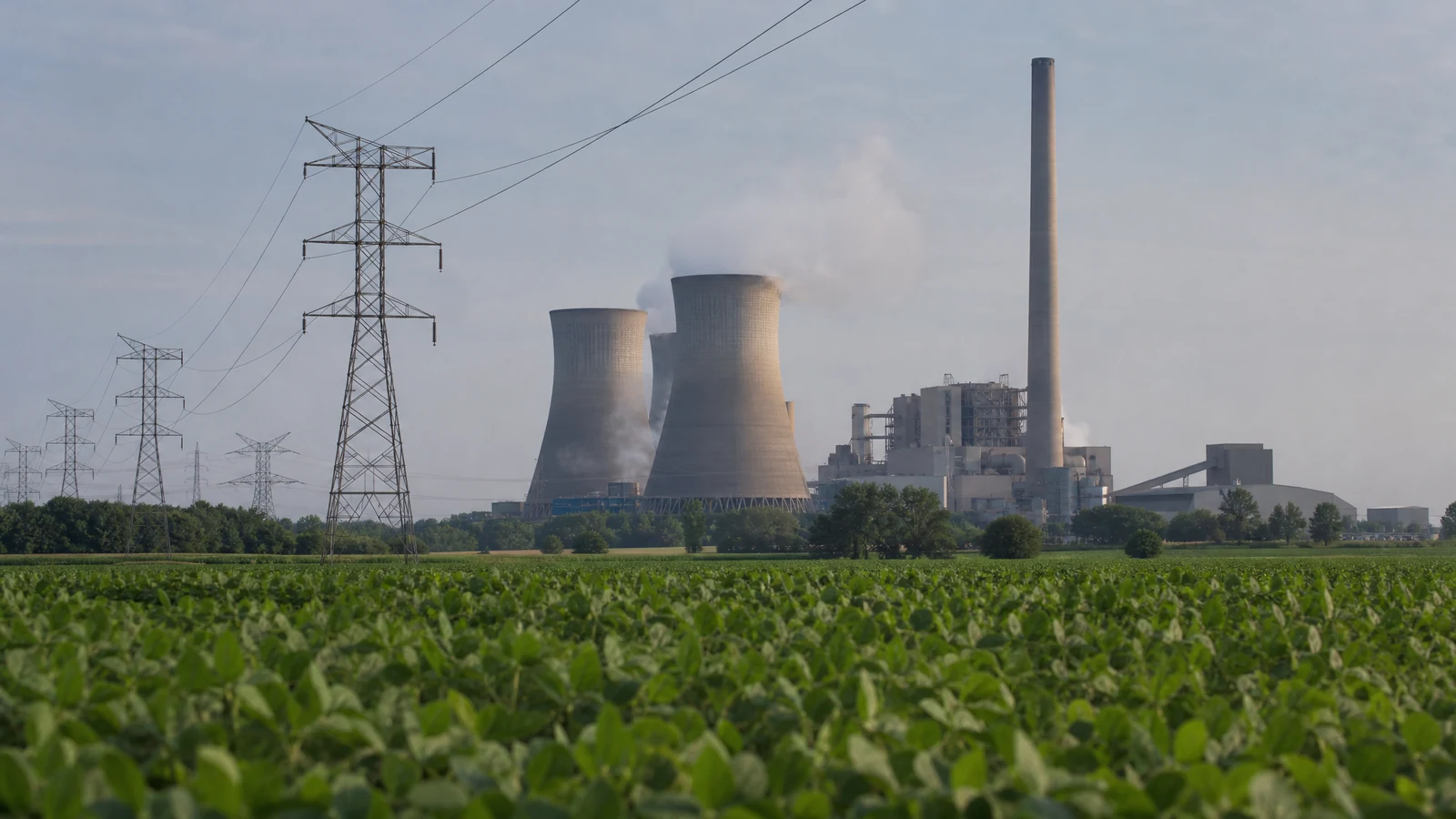 인디애나 농지 너머로 보이는 석탄화력발전소 냉각탑과 송전탑 / Indiana coal-fired power plant and transmission lines