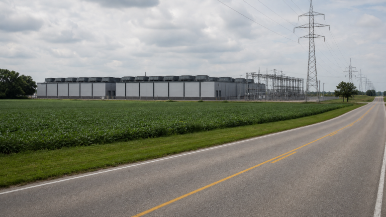 인디애나 농촌 지역의 데이터센터와 전력 변전소, 송전탑 (Indiana data center with electrical substation and transmission towers)