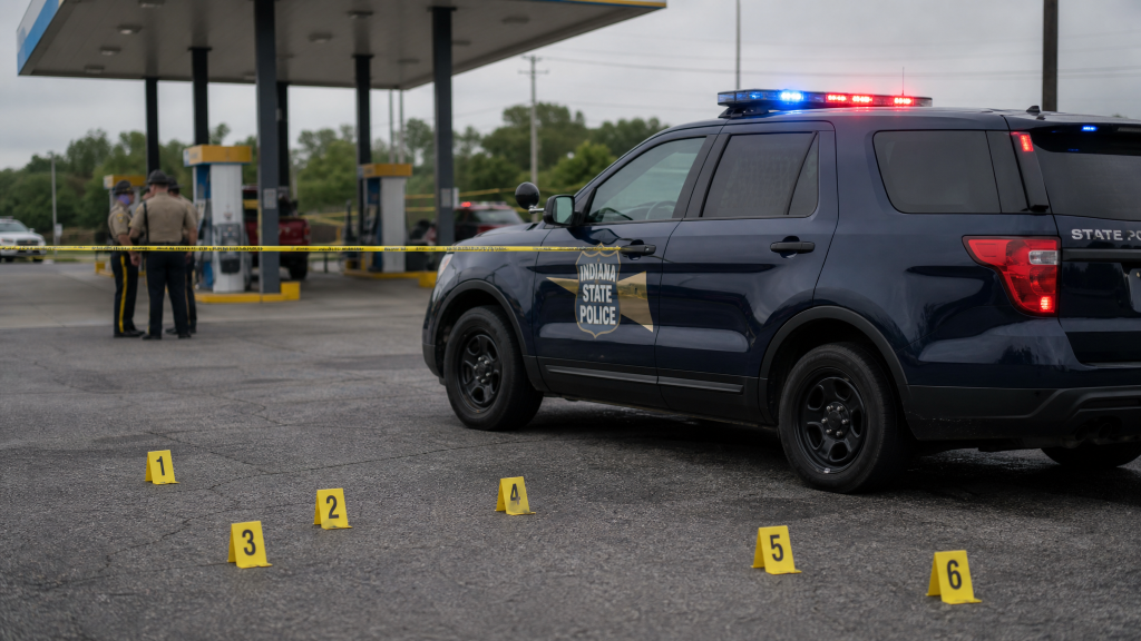 인디애나 주경찰(ISP) 순찰차와 증거 표식이 놓인 미시간시티 주유소 총격 현장 (Indiana State Police shooting scene at a Michigan City gas station)