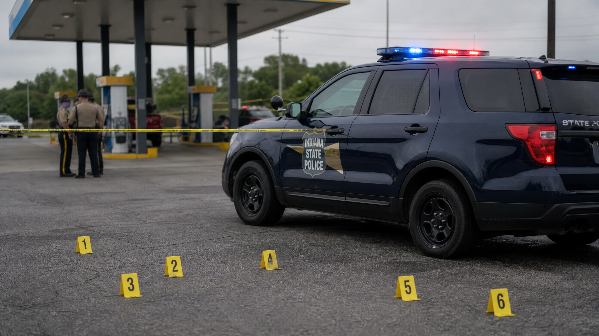 인디애나 주경찰(ISP) 순찰차와 증거 표식이 놓인 미시간시티 주유소 총격 현장 (Indiana State Police shooting scene at a Michigan City gas station)