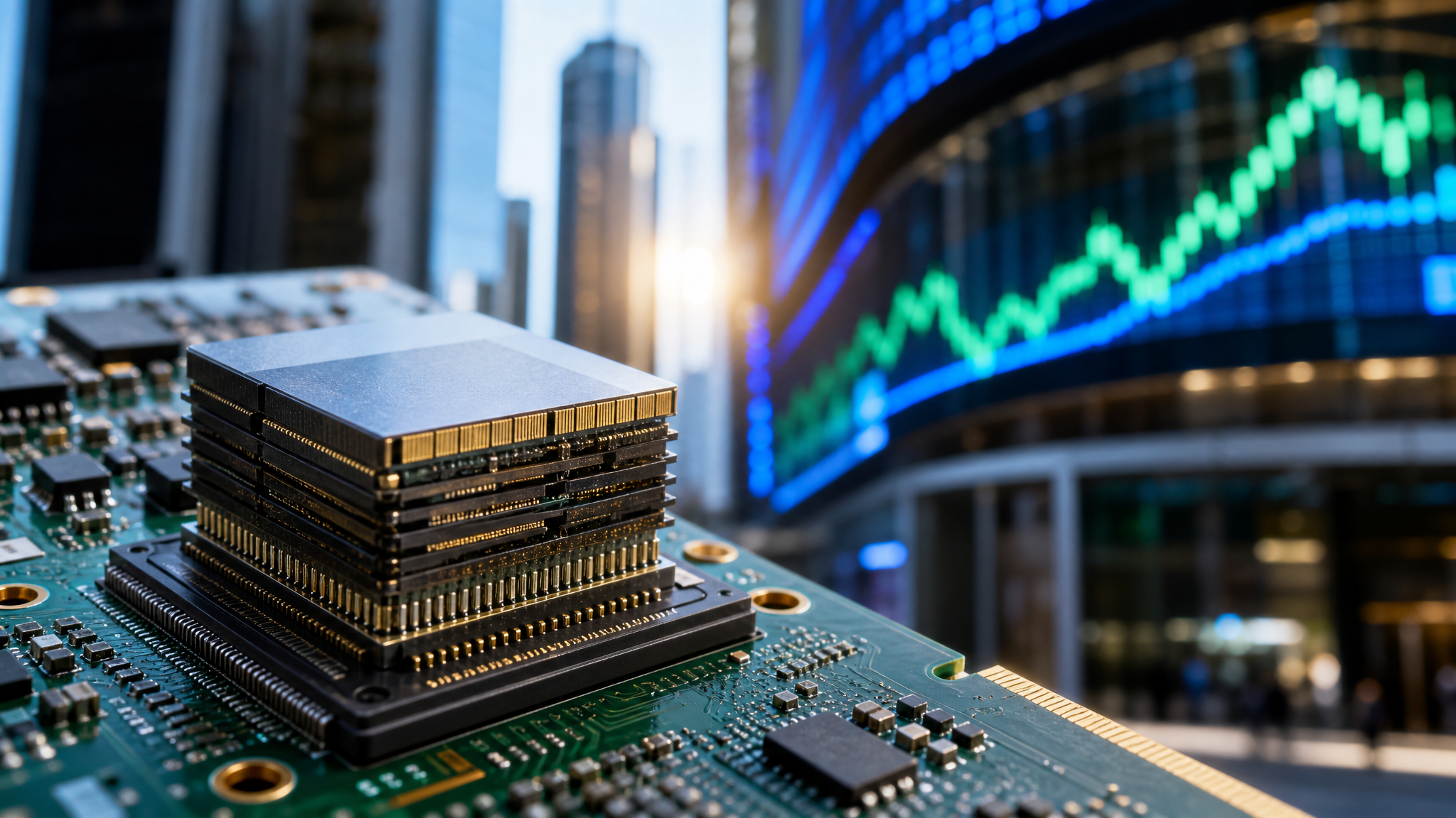 SK하이닉스 나스닥 상장, HBM 메모리 반도체와 증시 전광판 (SK Hynix Nasdaq IPO)